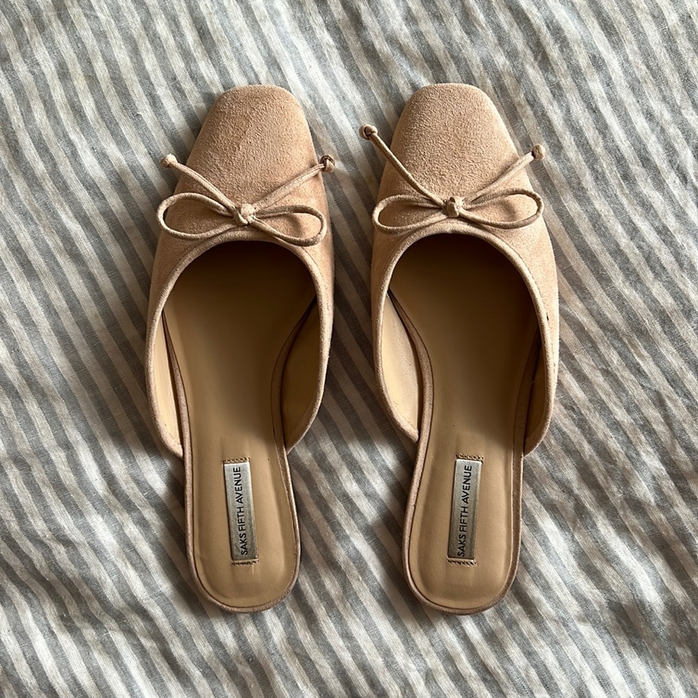 Saks Bow Suede Mules in Ivory